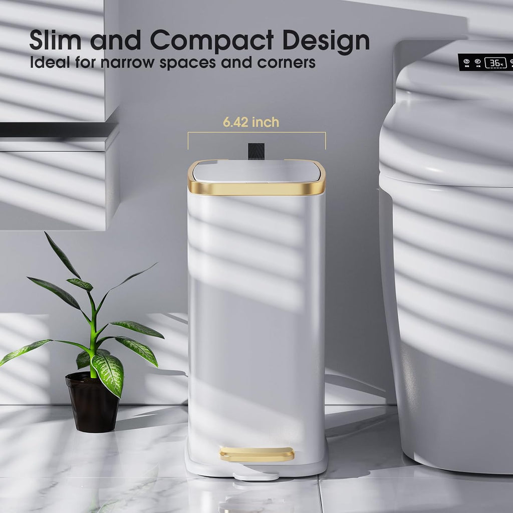 CEROELDA Small Bathroom Trash Can with Lid Soft Close-5L/1.3 Gal Slim Garbage Can-Metal Step Wastebasket-Rectangle Narrow Waste Bin for Office, Bedroom, Toilet, Live Room (White)