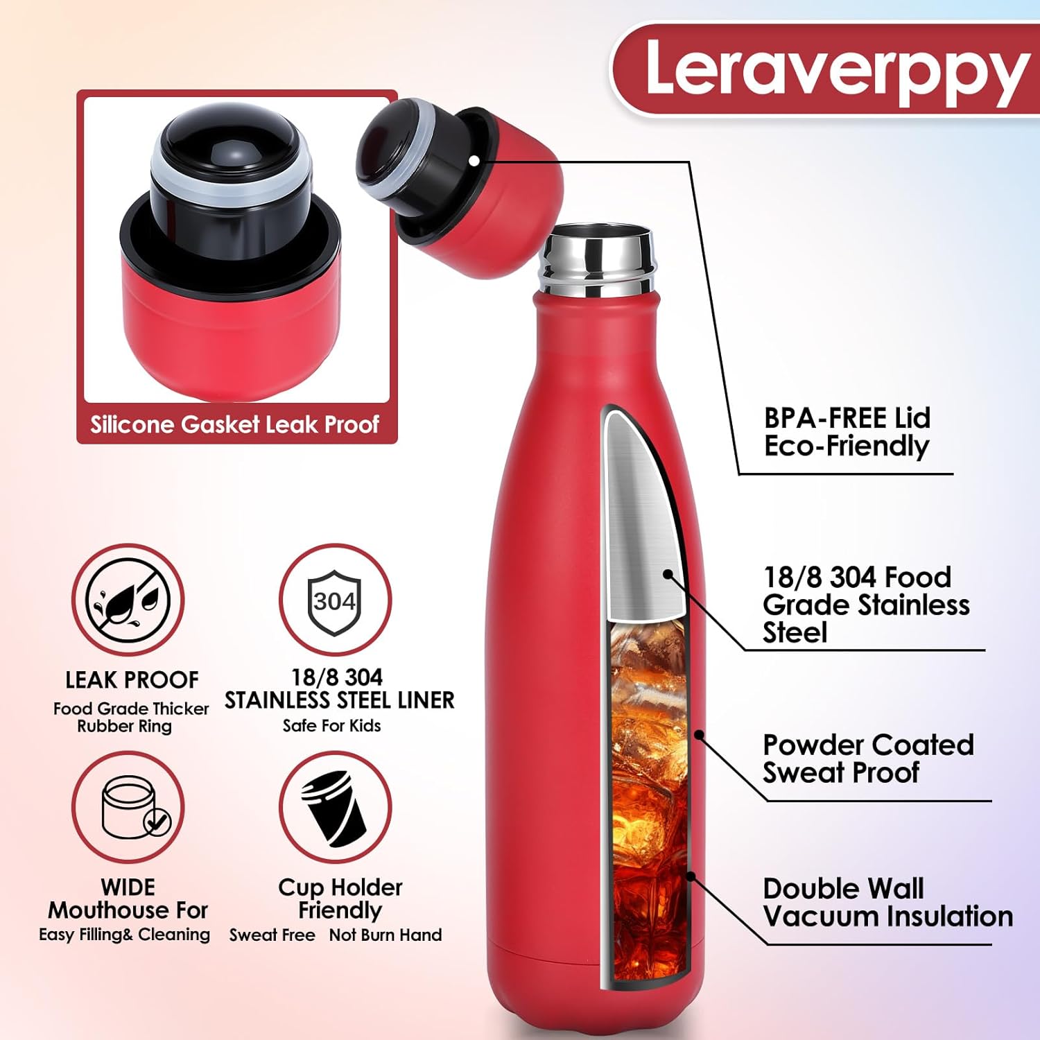 17oz Cola-Bottle Shaped Stainless Steel Leak-proof Water Bottle,Double Wall Vacuum Insulated Metal,Travel Mug For Sports Indoors & Outdoors,BPA-Free School Kids Flasks,Red(1Pack)