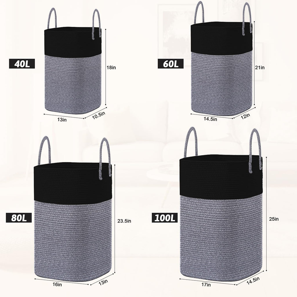 Laundry Basket,Woven Cotton Rope Laundry Hamper,Versatile Storage for Dirty Clothes,Baby Toys,and Blankets in Bathroom, Nursery,and Living Room (Black, 60L)