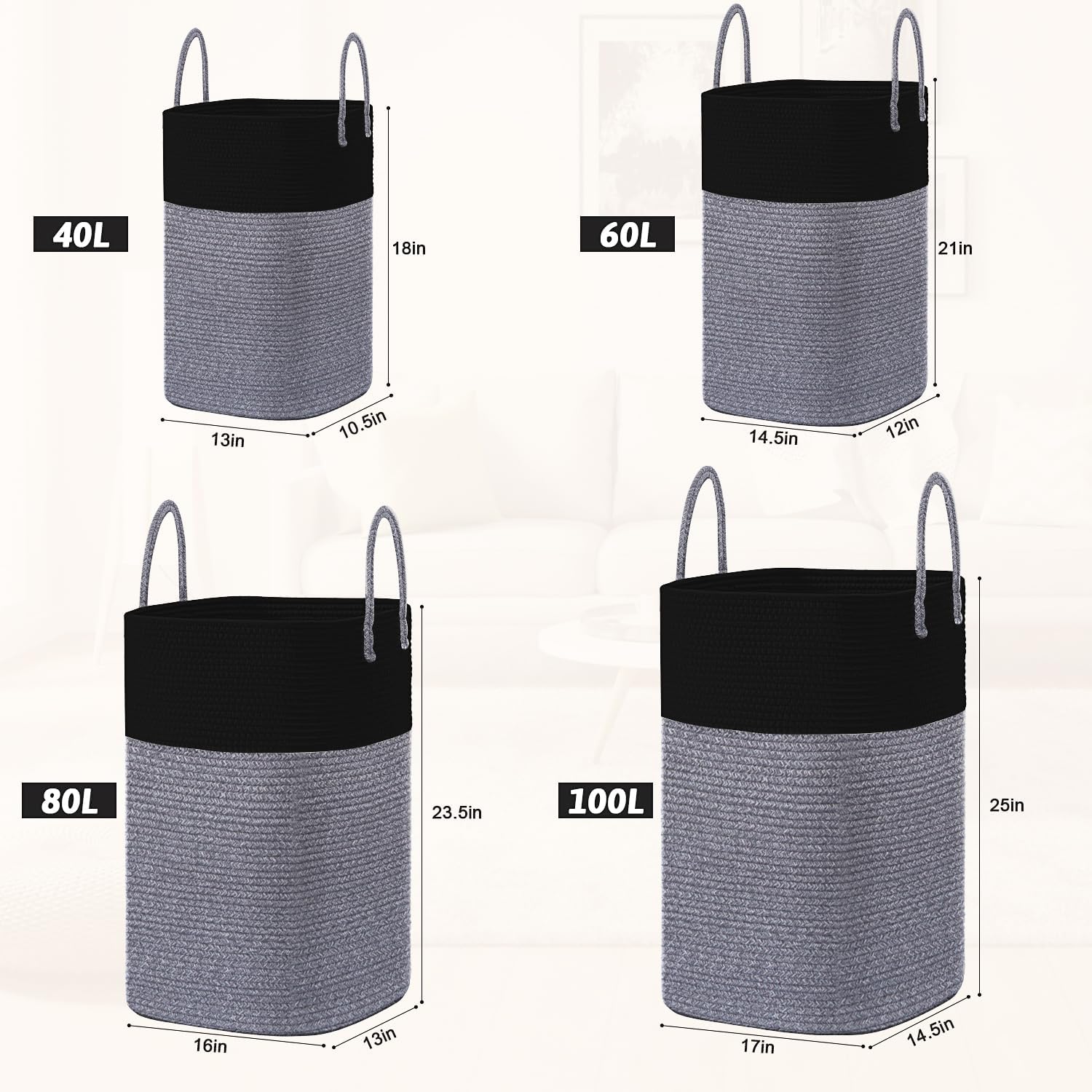 Laundry Basket,Woven Cotton Rope Laundry Hamper,Versatile Storage for Dirty Clothes,Baby Toys,and Blankets in Bathroom, Nursery,and Living Room (Black, 60L)