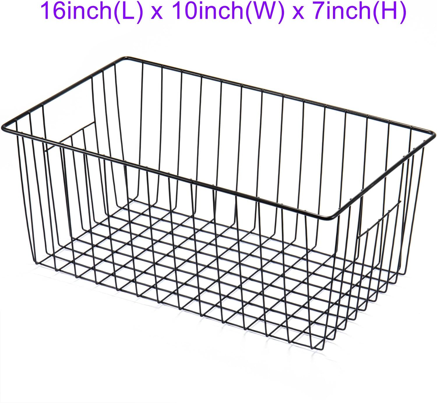16inch Freezer Wire Storage Organizer Baskets, Household Refrigerator Bins with Built-in Handles, Black, 6PACK