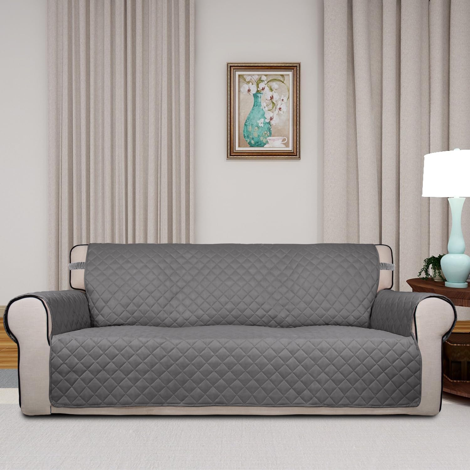 PureFit Reversible Quilted Sofa Cover, Water Resistant Slipcover Furniture Protector, Washable Couch Cover with Non Slip and Elastic Straps for Kids, Dogs, Pets (Oversized Sofa, Gray/Ivory)
