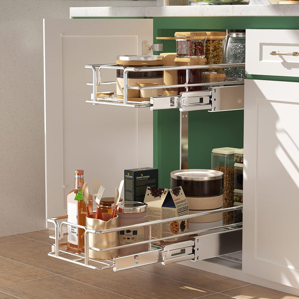 LOVMOR 2 Tier Individual Pull Out Cabinet Organizer 9" W x 21½" D, Slide Out Kitchen Cabinet Storage Sliding Shelves