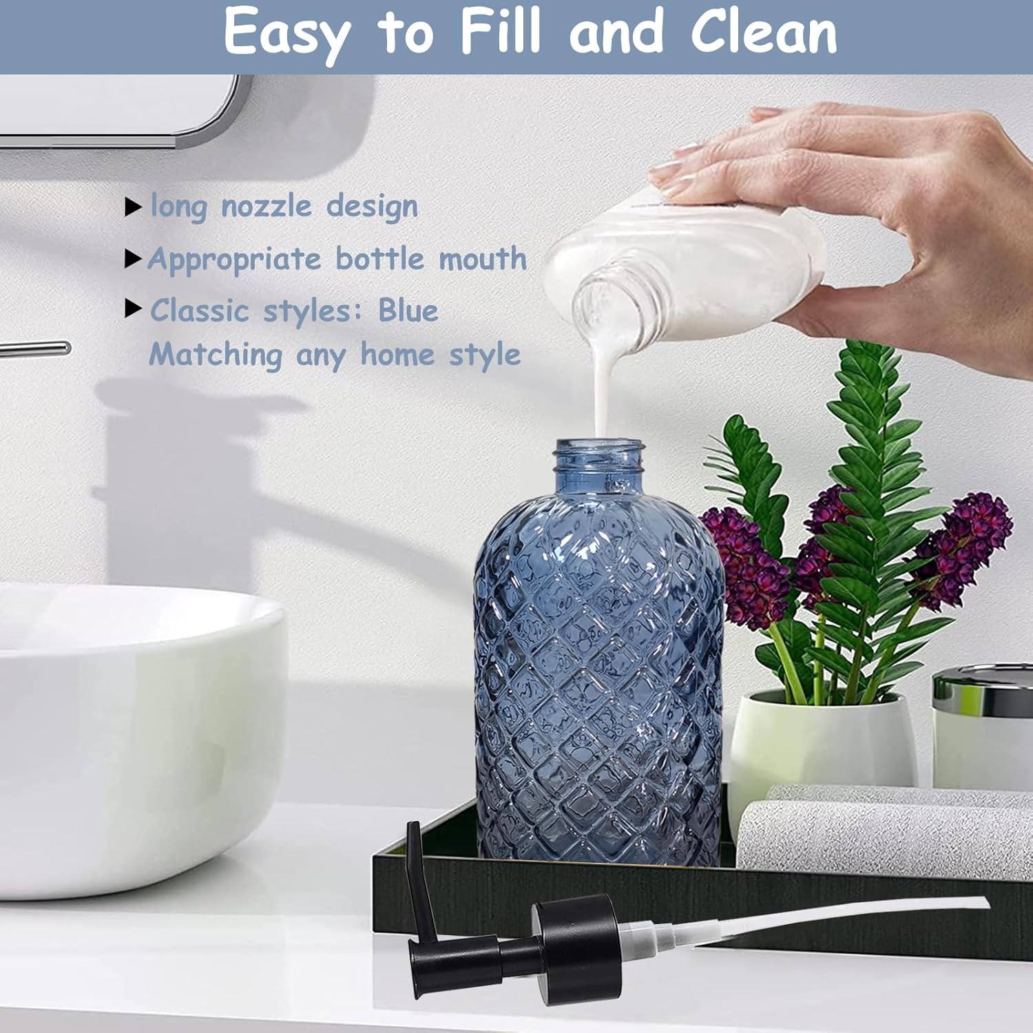 Blue Glass Dish Soap Dispenser for Kitchen, 12oz Refillable Liquid Hand Soap Dispenser Set, Crystal Lotion Bottle for Modern Home Decor, Bathroom Countertop, Hotel