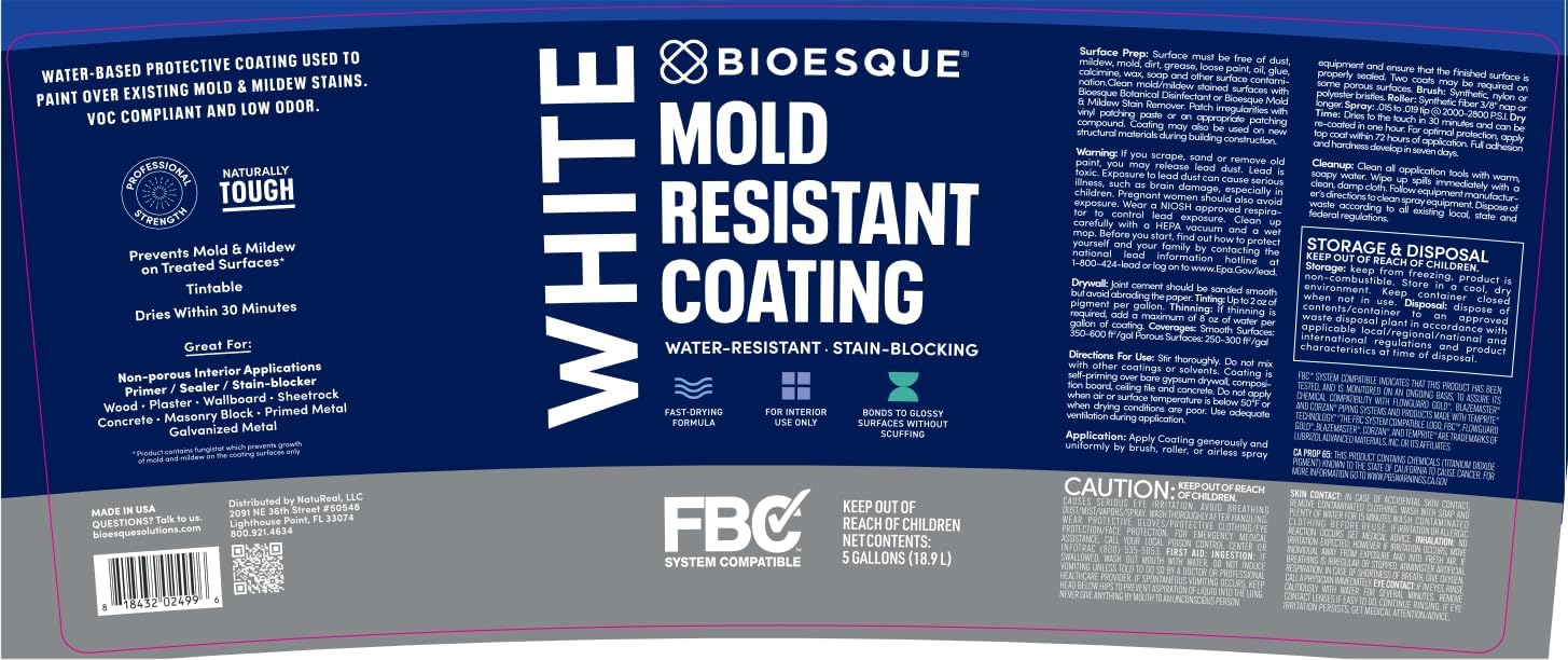 Bioesque Mold Resistant Coating, Water-Resistant, Stain-Blocking, Fast-Drying Formula, White, 5 Gallon (Pack of 1)