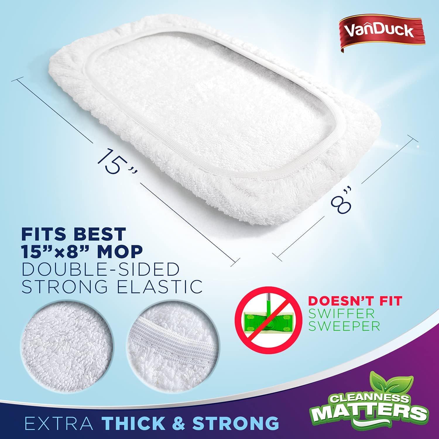 VanDuck 100% Cotton Terry Mop Pad 15x8 inch (12-Pack)