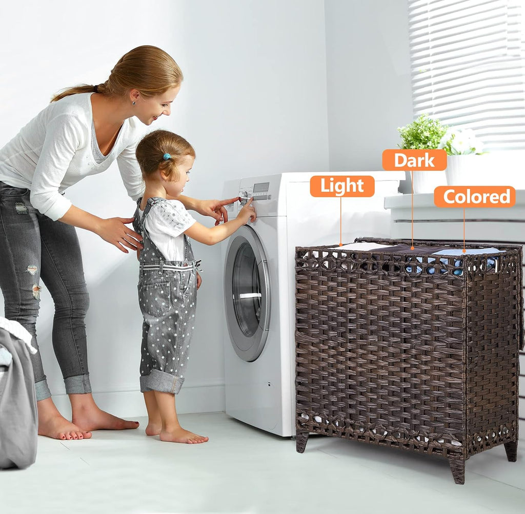Laundry Hamper with 3 Removable Liner Bags; 132L Handwoven Rattan Laundry Basket with Lid & Heightened Feet; Clothes Hamper with Side Handles; Laundry Sorter with 3 Separate Sections (Brown)