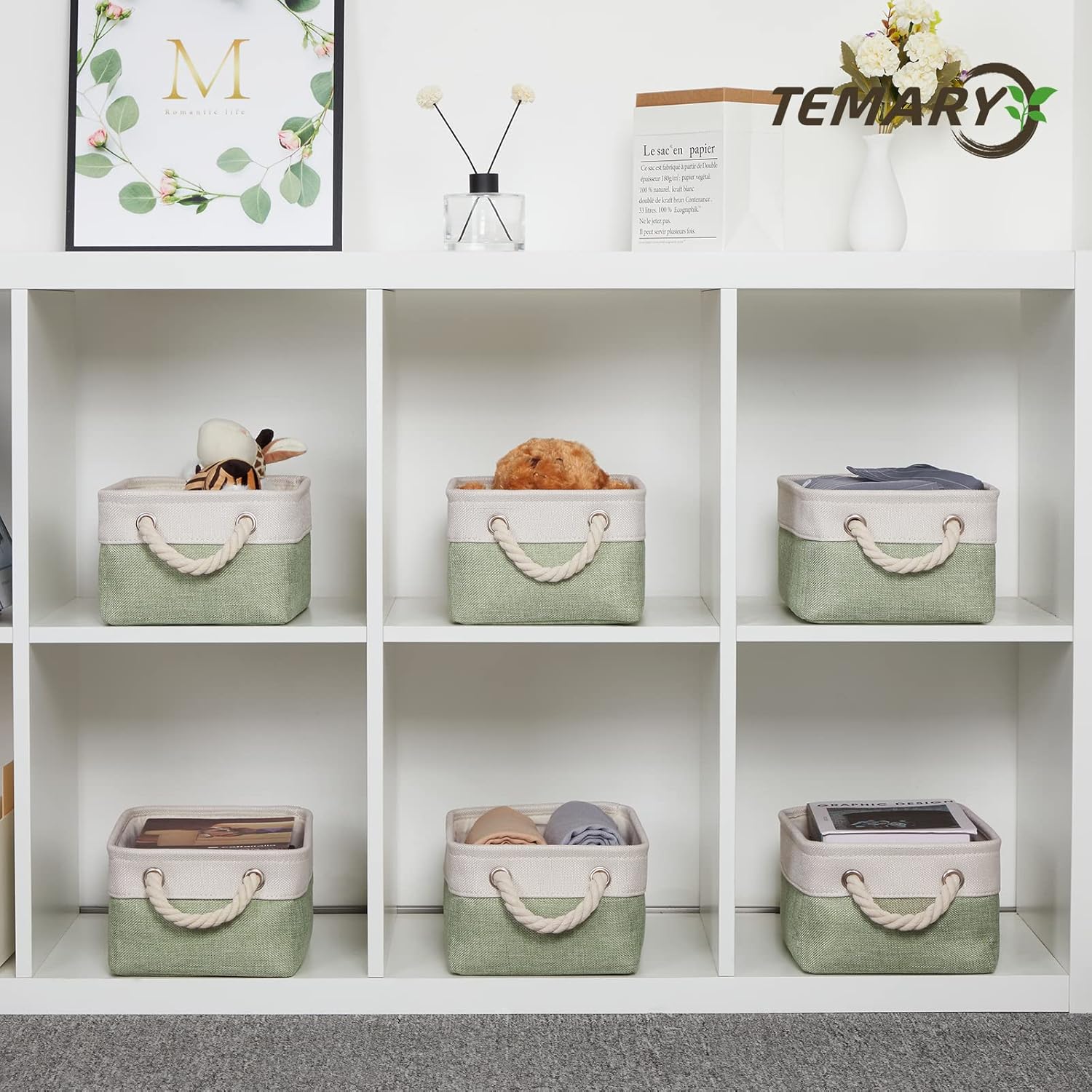 Temary Small Storage Baskets Small Fabric Bins for Closet, 6 Pack Decorative Storage Boxes with Rope Handles for Organizing Clothes, Canvas Storage Basket(White&Green,11.8L x 7.9W x 5.3H inches)