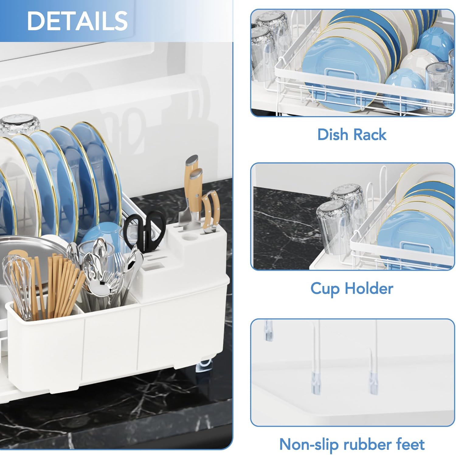 ROTTOGOON Expandable Dish Drying Rack,Multifunctional Adjustable Dish Drainer with Swivel Spout and Anti-Rust Dish Rack with Removable Cutlery & Cup Holders for Kitchen Counter,White