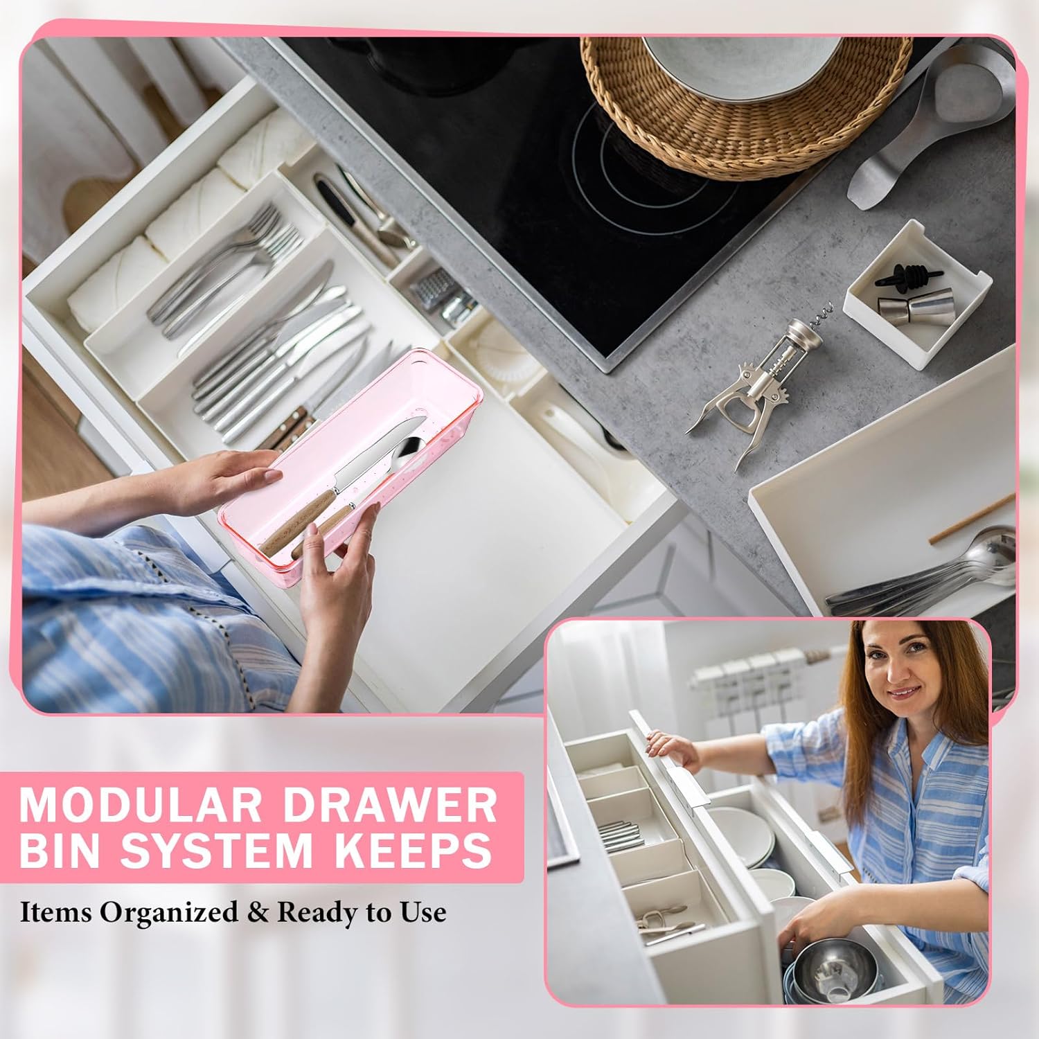 Maitys 12 Pcs Vanity Drawer Organizer 9 x 3 x 2 Inches Clear Plastic Utensil Organizers Kitchen Drawers Dividers for Office Desk Silverware Kitchen Utensils Cosmetics and Bathrooms(Pink)