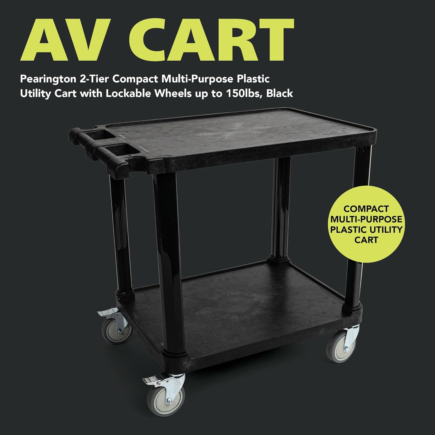 Pearington 2-Tier Compact Multi-Purpose Plastic Utility Cart with Lockable Wheels up to 150lbs, Black