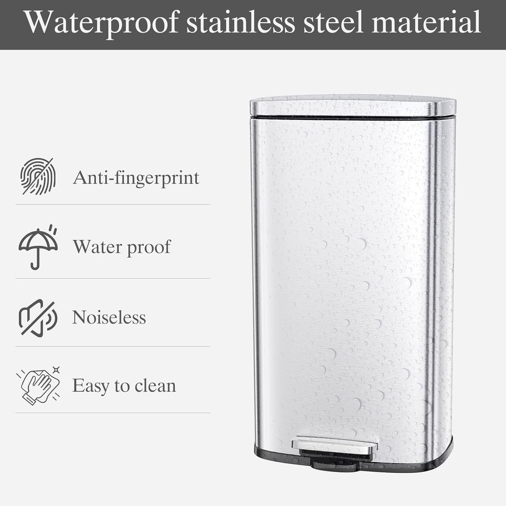 AthLike Trash Can, Stainless Steel Kitchen Garbage Can, Step Waste Bin with Hinged Lid and Removable Inner Bucket, Soft-Close, Dustbin for Bathroom Bedroom Living Room Home (Silver, 13.2 Gal)