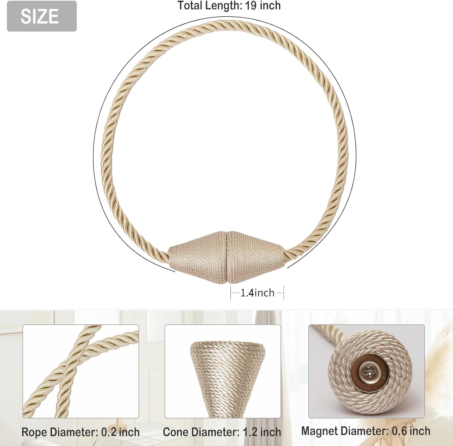 Magnetic Curtain Tiebacks 6 Pack Outdoor Rope Curtain Tie Backs Decorative Window Treatment Holdbacks for Home Decorative Curtain, Beige