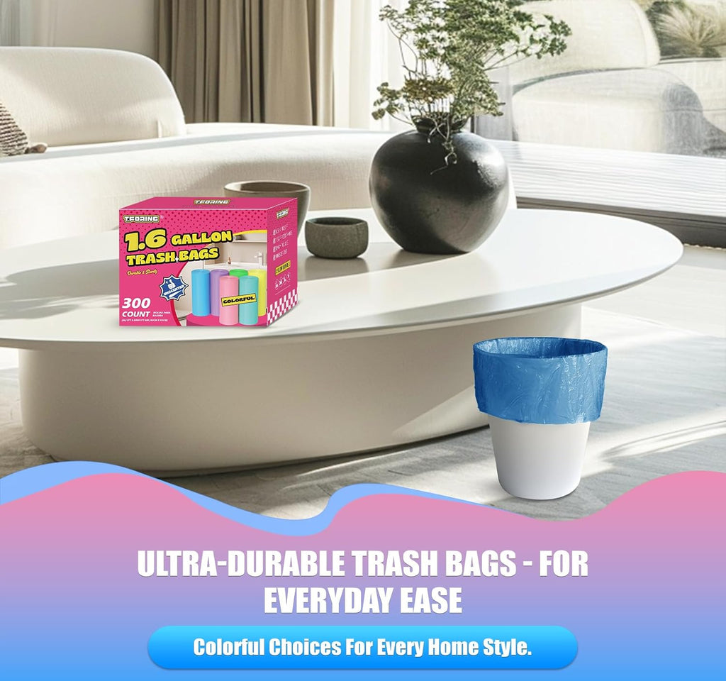 300 Count 1.6 Gallon Mini Trash Bags - 6 Liter Colored Small Garbage Bags Unscented Mini Can Liners Leakproof & Tear Resistant for Bathroom Office Dorm Car