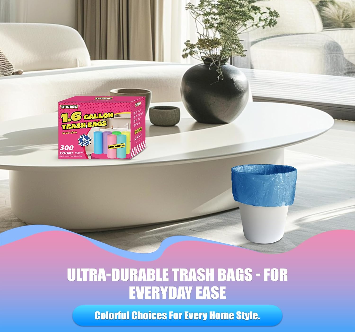 300 Count 1.6 Gallon Mini Trash Bags - 6 Liter Colored Small Garbage Bags Unscented Mini Can Liners Leakproof & Tear Resistant for Bathroom Office Dorm Car