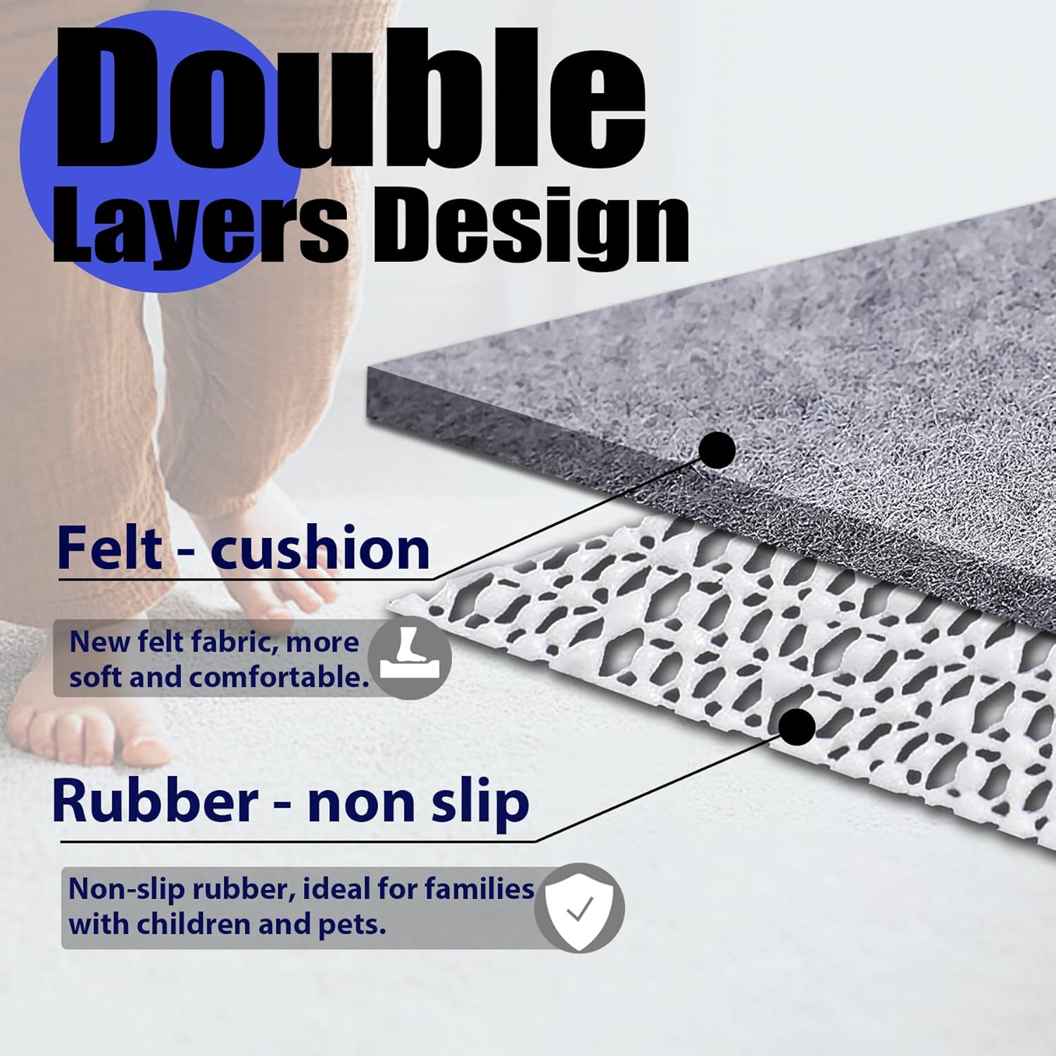 Non Slip Rug Pad Grippers - 2x6, 1/4" Thick, Felt + Rubber Double Layers Area Carpet Mat Tap, Provides Protection and Cushioning for Hardwood or Tile Floors
