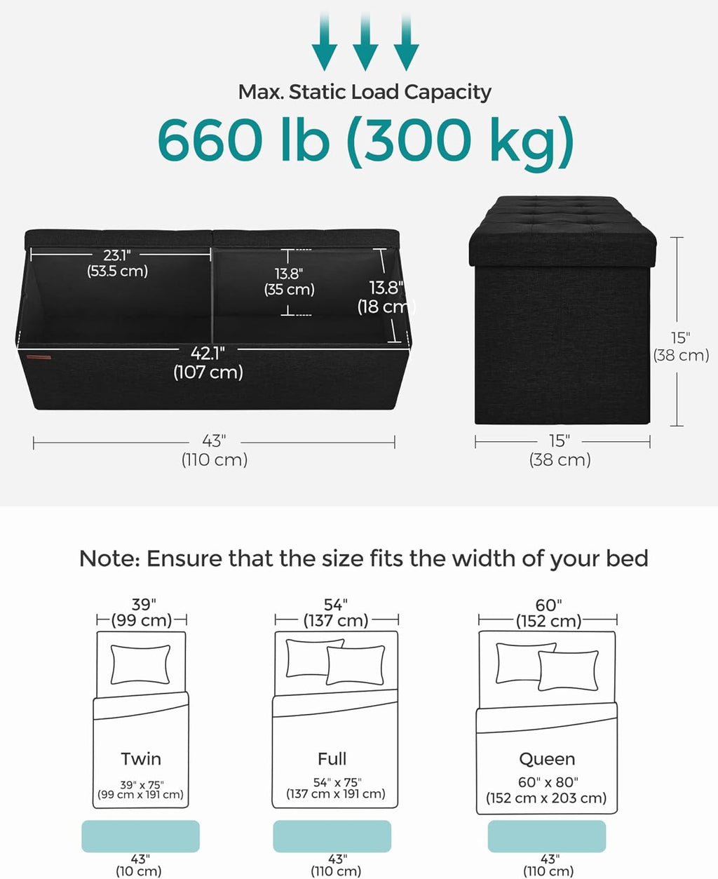 SONGMICS MAZIE Collection - 43 Inches Folding Storage Ottoman Bench, Ottoman Foot Rest, End of Bed Bench, Storage Chest, Load 660 lb, for Living Room, Bedroom, Entryway, Ink Black ULSF077B01