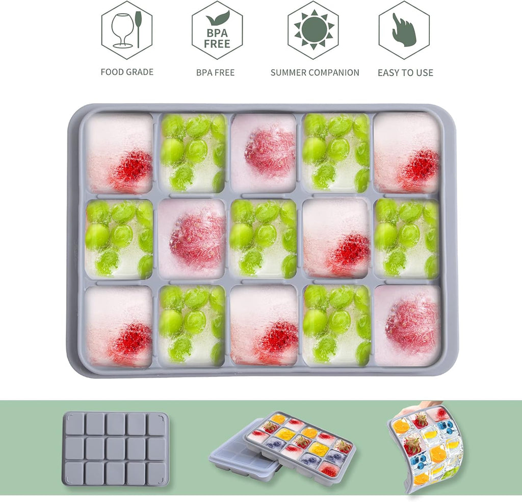 Ice Cube Trays Set of 2, Easy Release 15 Flexible Silicone Ice Cube Molds with Removable Lid Reusable Freezer Ice Trays Stackable for Whiskey, Baby Food, BPA Free (BLUE+GRAY)