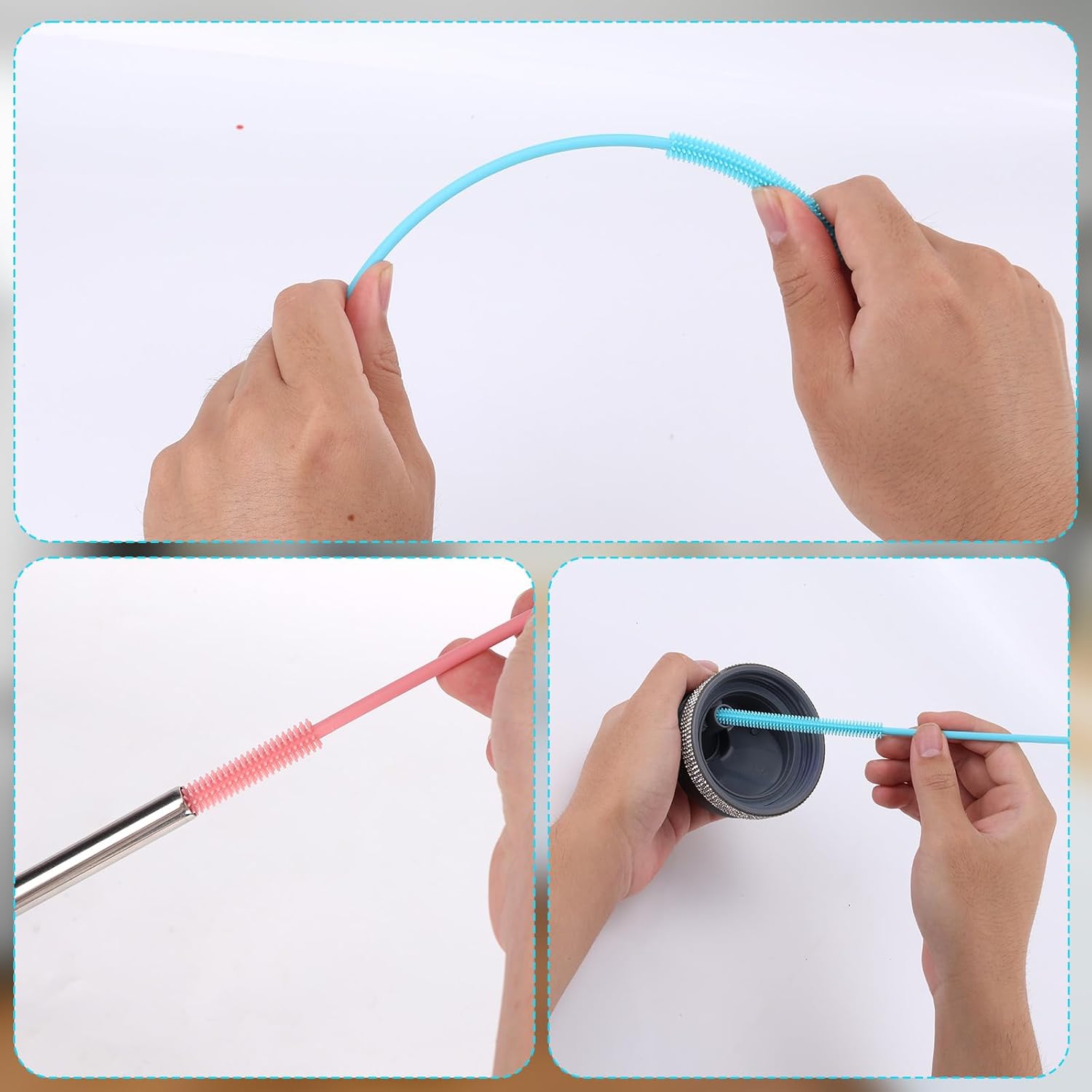 2pcs Silicone Straw Cleaner Brush, 9.44in Extra Long Reusable Straw Brush for Stanley, Metal, Glass Straws, Bendable Travel Drinking Bottle Lid Cleaning Tool for Crevice Pipe Tube (Pink, Blue)