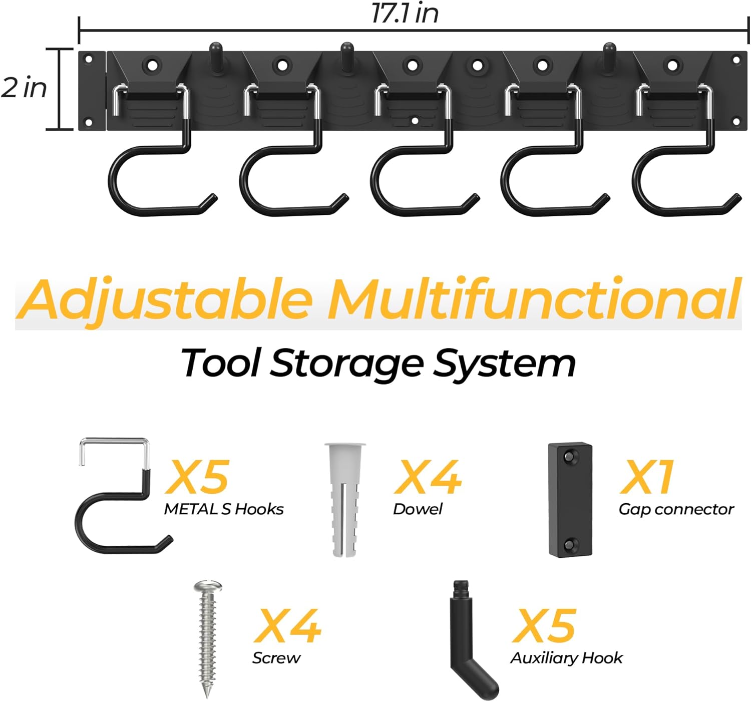 51 Inch Garden Tool Organizer Wall Mount with Non Slip Rubber Coated Metal Hooks, Storage Rack for Indoor/Outdoor Shovel, Rake, Mop and Broom Holder Wall Mount （ 15 Hooks+15 Holders