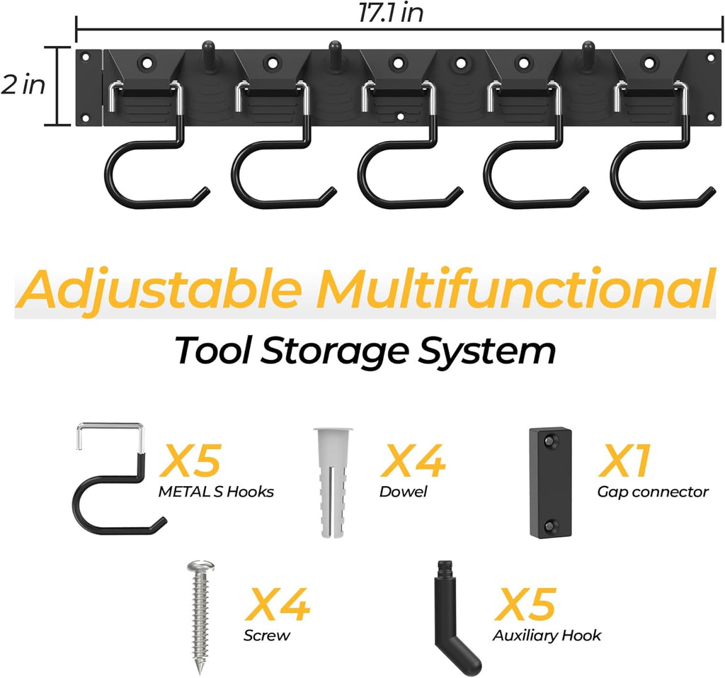 34 Inch Garden Tool Organizer Wall Mount with Non Slip Rubber Coated Metal Hooks, Storage Rack for Indoor/Outdoor Shovel, Rake, Mop and Broom Holder Wall Mount （ 10 Hooks+10 Holders