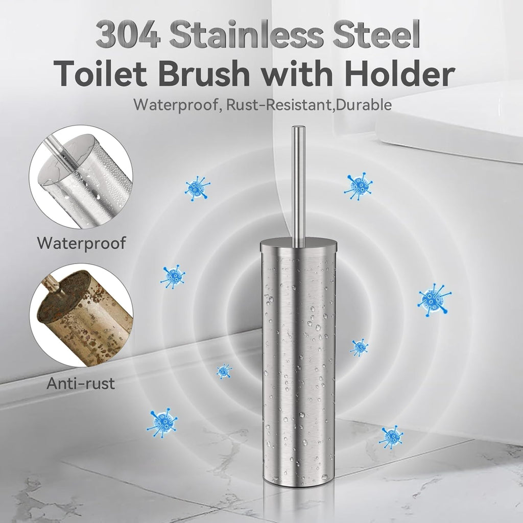 DOWRY Stainless Steel Freestanding Toilet Bowl Brush and Holder with Long Handle for Bathroom Storage Organization,Sturdy Deep Cleaning Toilet Bowl Cleaner,Nickel Round