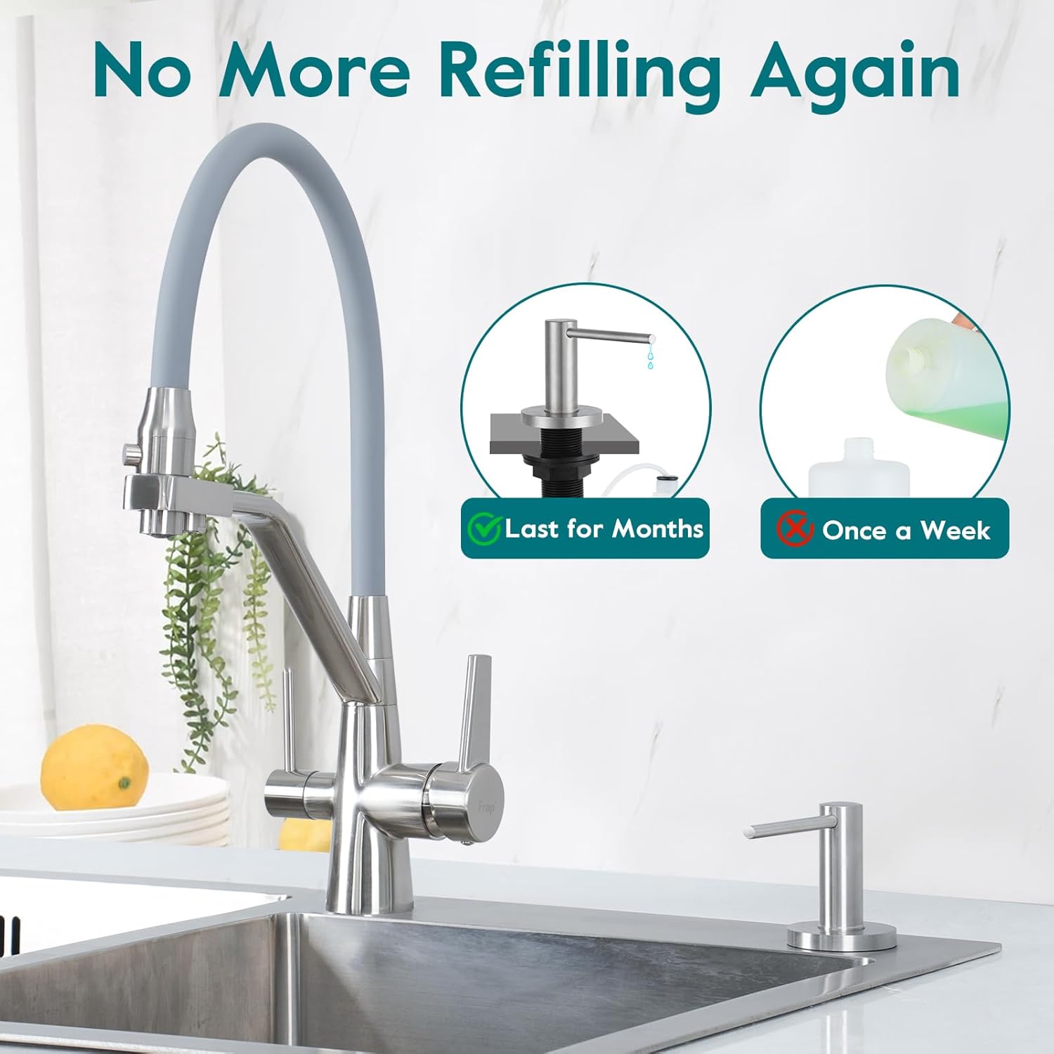 Gappo Upgraded Soap Dispenser for Kitchen Sink Brushed Nickel, Stainless Steel Countertop Pump, Built in Sink Soap Dispenser with 47" Extension Tube kit