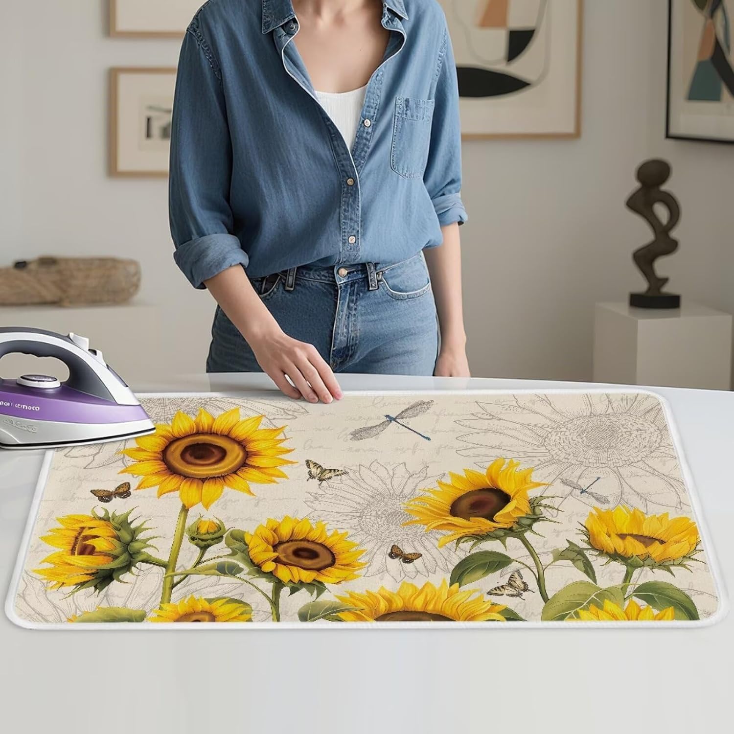 Sunflower Ironing Mat Pad for Table Portable Travel Iron Blanket Vintage Ironing Board Covers Tribal Pressing Mat Heat Press Pads 32x16 Inches,Yellow