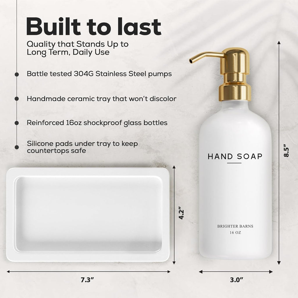Luxury Glass Soap and Lotion Dispenser Set with Tray by Brighter Barns - Hand Soap Dispenser Bathroom Set & Stainless Steel Pump for Home or Airbnb - White and Gold Bathroom Accessories & Decor (Gold)