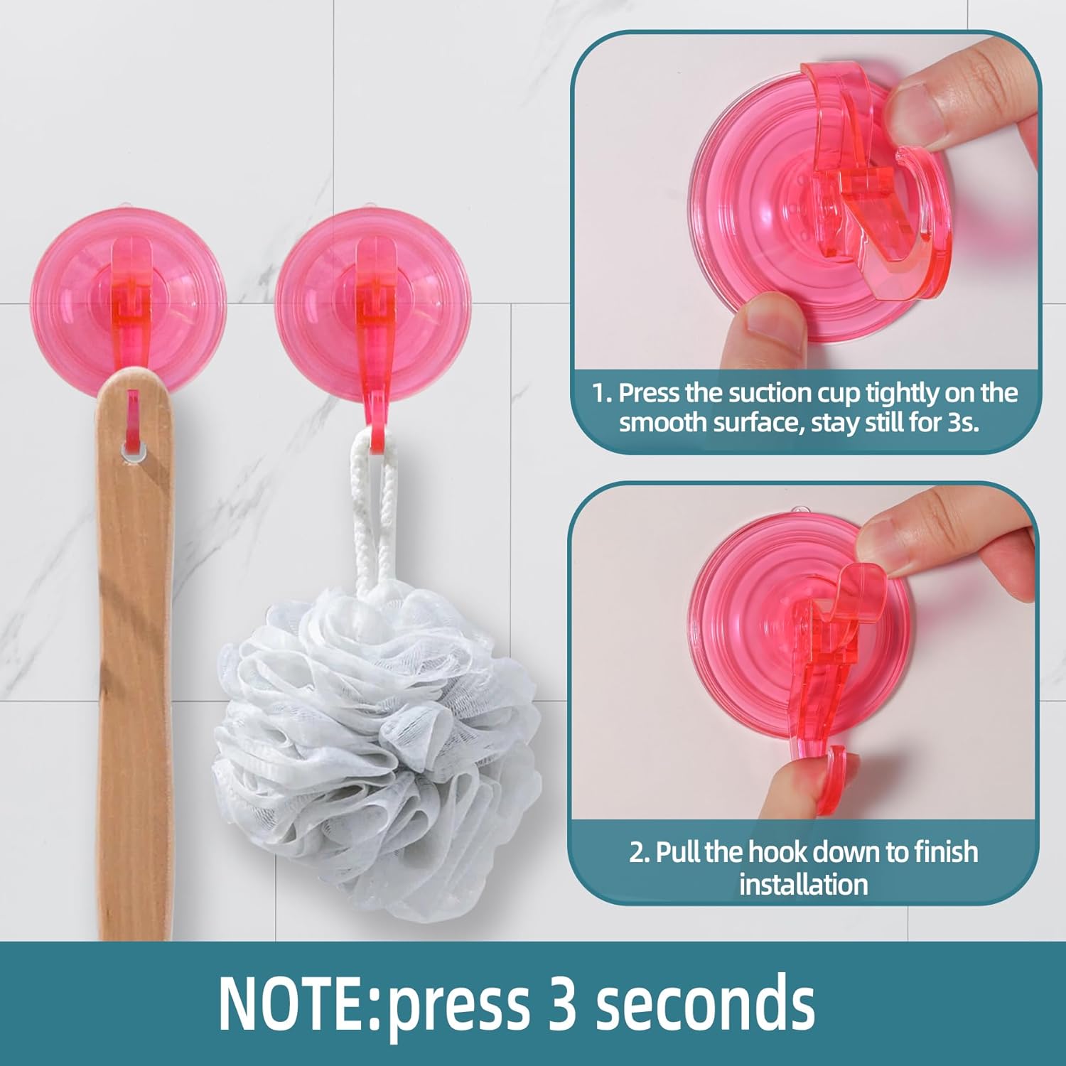 Antimbee Suction Hooks, 5 Pack Clear Hanger, Removable Small Suction Cups for Shower, Bathroom, Glass, Door, Windows, Kitchen - Up to 11 lbs on Smooth Surface - 2 Hooks Design (Transparent Pink)