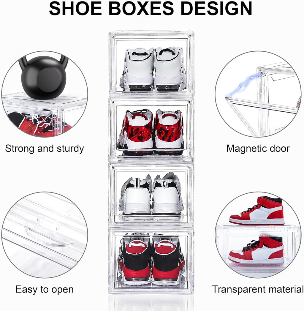 6 Pack Acrylic Shoe Boxes, Ultra Clear Shoe Boxes Stackable, Shoe Storage Box Sneaker Storage for Sneakerhead, Foldable Shoe Organizer with Magnetic Door, Professional Shoe Display Fits US Size 15