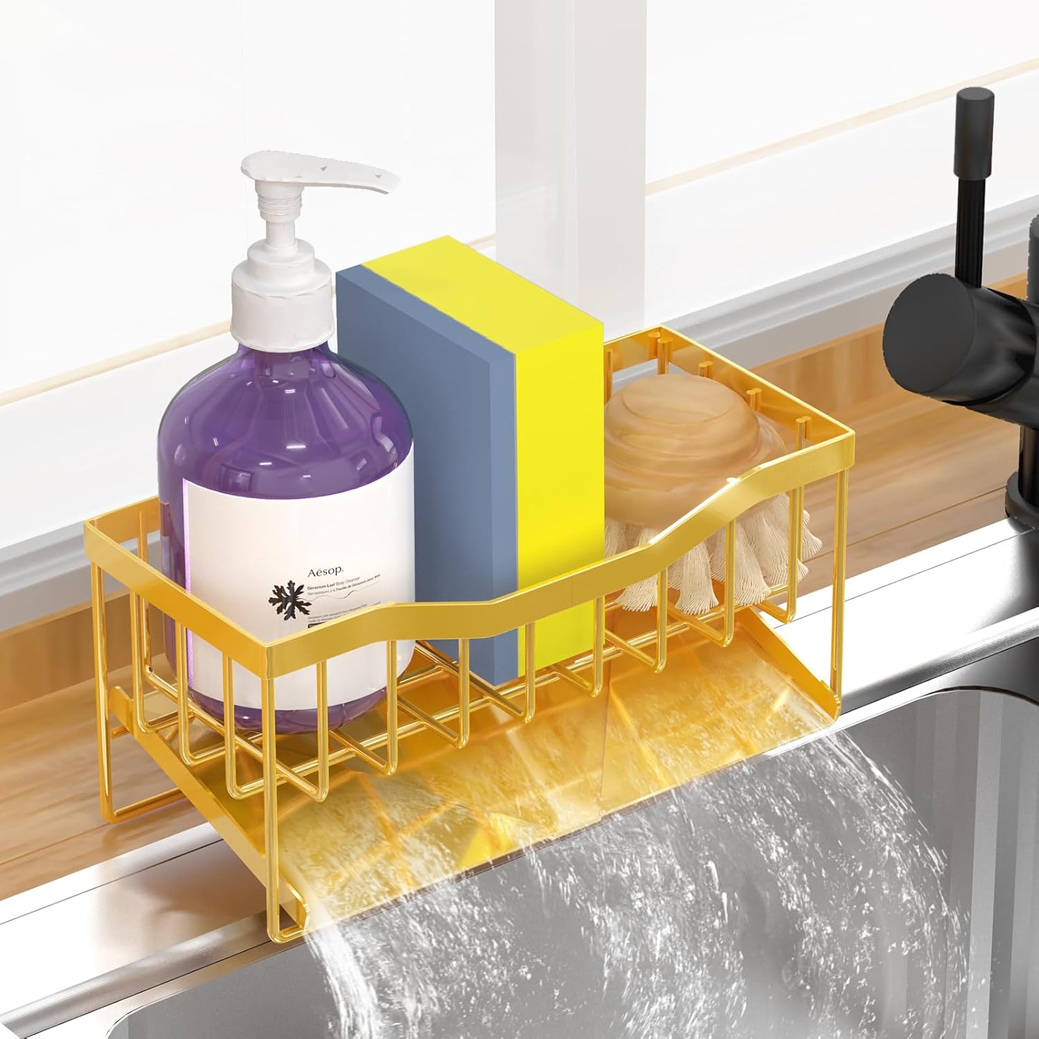 Vanwood Sink Organizer with Auto Draining Tray, Cocina Sponge Caddy and Dish Soap Holder