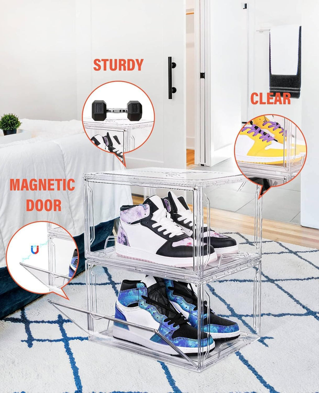 KDOR Shoe Box for sneakers，Closet,hat Clear Plastic Stackable 10 Pack Sneaker Storage Boxes with Magnetic Door, Acrylic Display Case, Strong and Sturdy Fit Shoe Size Up to US 15