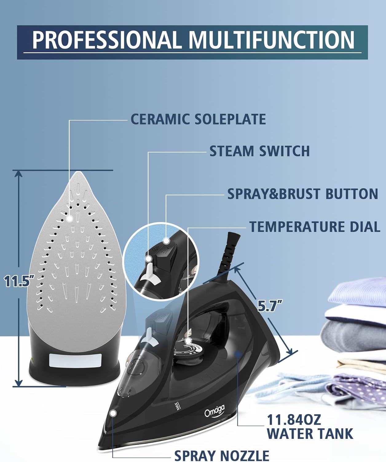 Steam Iron for Clothes, 1500W Iron with Rapid Heating, Non-Stick Ceramic Soleplate, Burst of Steam, Self-Cleaning, Auto-Off, Anti-Drip, 11.84oz Water Tank Ironing Clothes for Home, Black