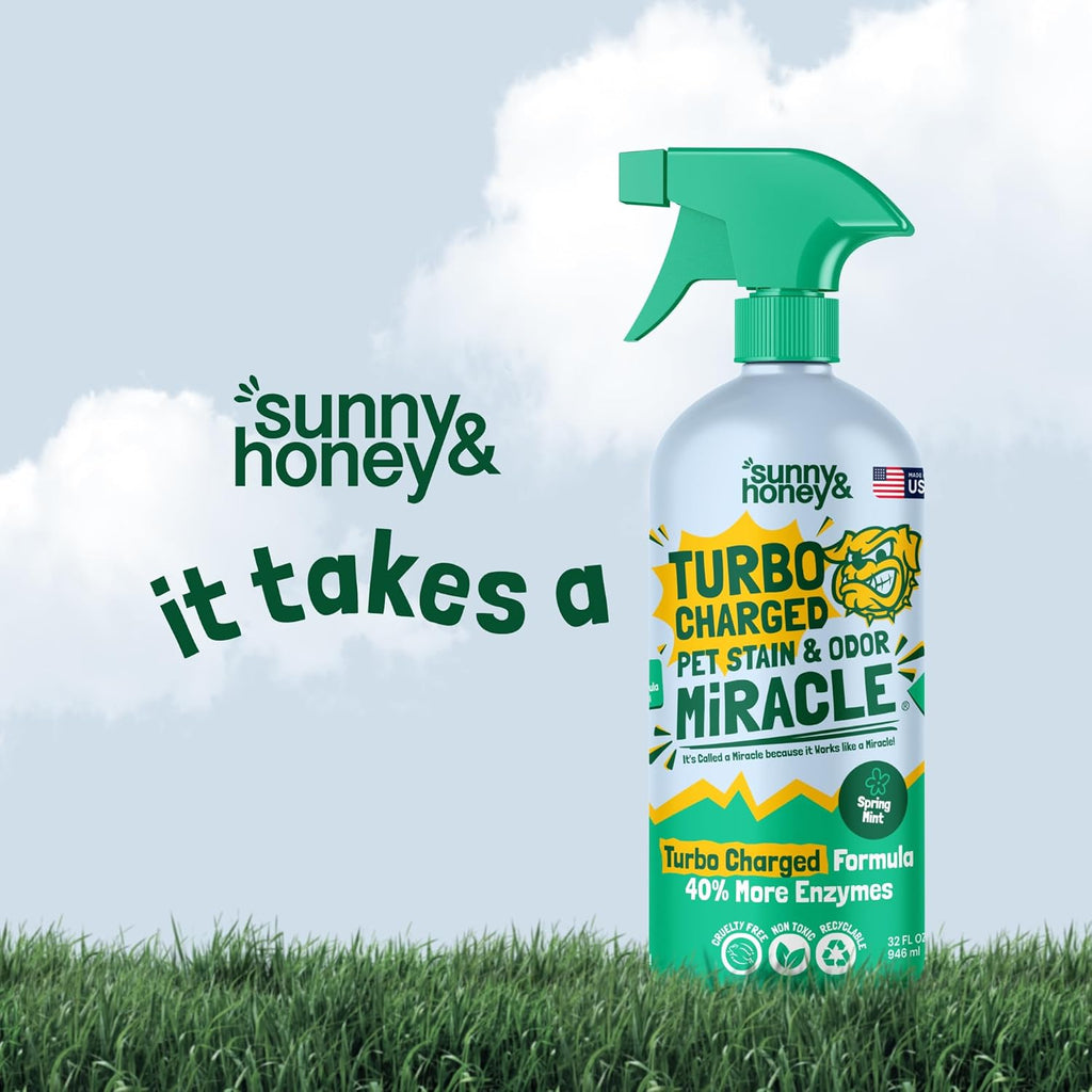 Sunny & Honey Pet Stain & Odor Miracle - Turbo Charged, 32 Fl Oz, Spring Mint - Carpet Shampooer Enzyme Cleaner Spray - Pet Urine & Odor Eliminator Spray - Stain Remover & Carpet Cleaning Solution