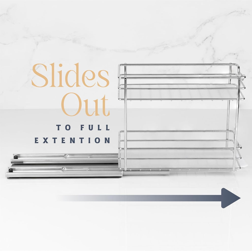 Pull Out Cabinet Organizer for Spices, Cans - Heavy Duty with Lifetime Limited Warranty- Pull Out Spice Rack- Cabinet Pull Out Shelf for Cans,Dishes, Etc, 4-1/2"W x 10-3/8"D x 8-7/8H, Chrome
