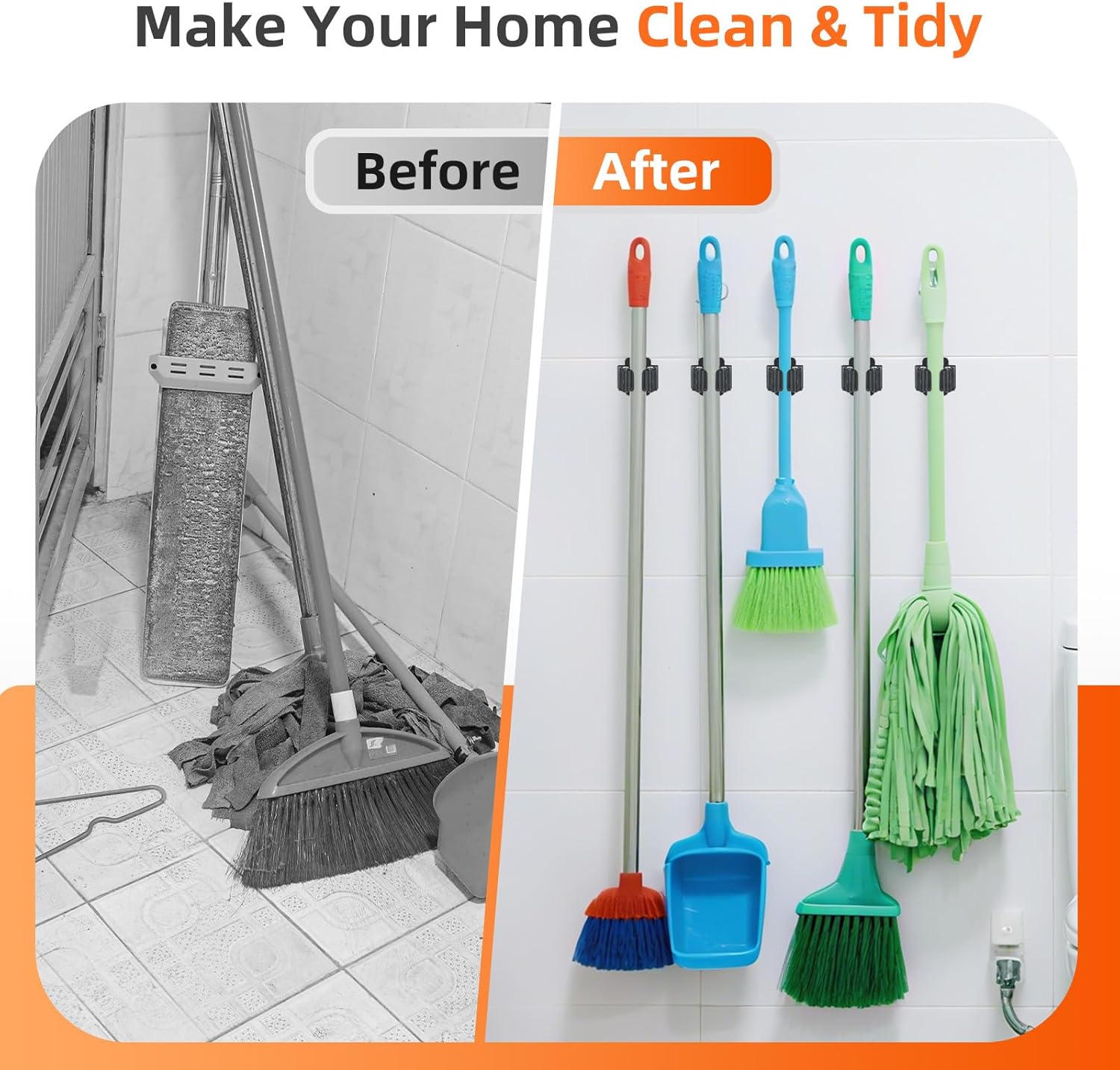 8 PCS Broom Holder Wall Mount, Upgraded Heavy Duty Mop and Broom Holder Wall Mount, Stainless Steel Broom Hanger Mop Holder Rack for Kitchen Laundry Garden Tool Organizer