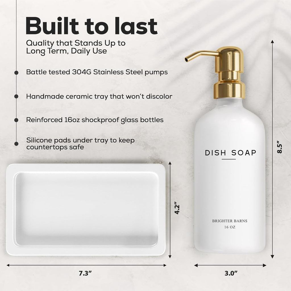 Luxury Glass Hand and Dish Soap Dispenser Set by Brighter Barns - Kitchen Soap Dispenser Set with Tray for Kitchen Sink - White and Gold Home Accessories & Decor for Restaurants, Airbnb, Gift (Gold)