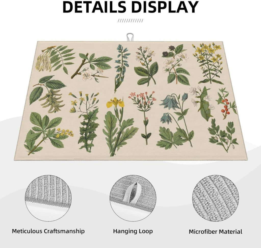 Vintage Color Plants Herbs Floral Microfiber Dish Drying Mat For Kitchen Countertop Xl Absorbent Reversible Drainer Rack Pad Extra Large 18 X 24 Inch