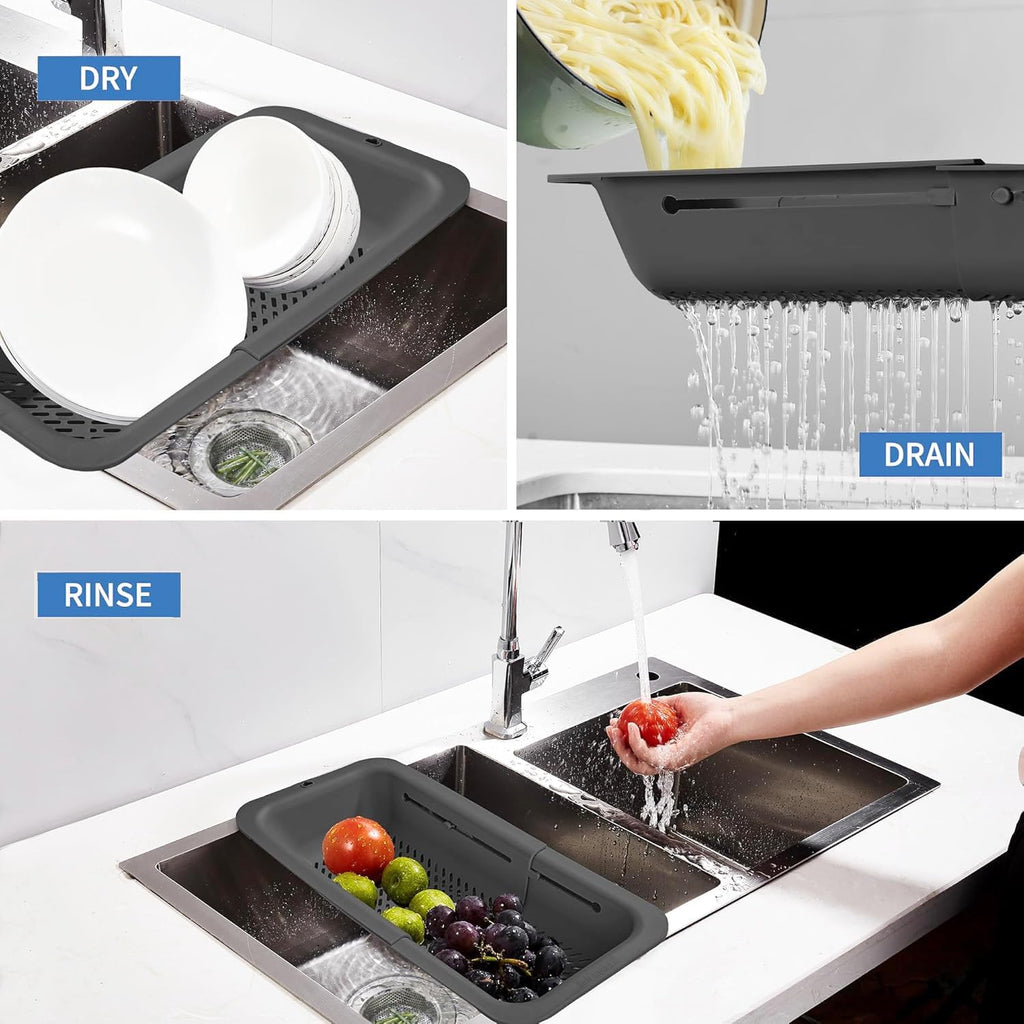 LASSHSWA Collapsible Colander and Strainer for Kitchen, Over the Sink Strainer Basket for Kitchen, Fruit Pasta Food Strainer Expandable Plastic Colander with A Sink Drain Strainer Stainless Steel