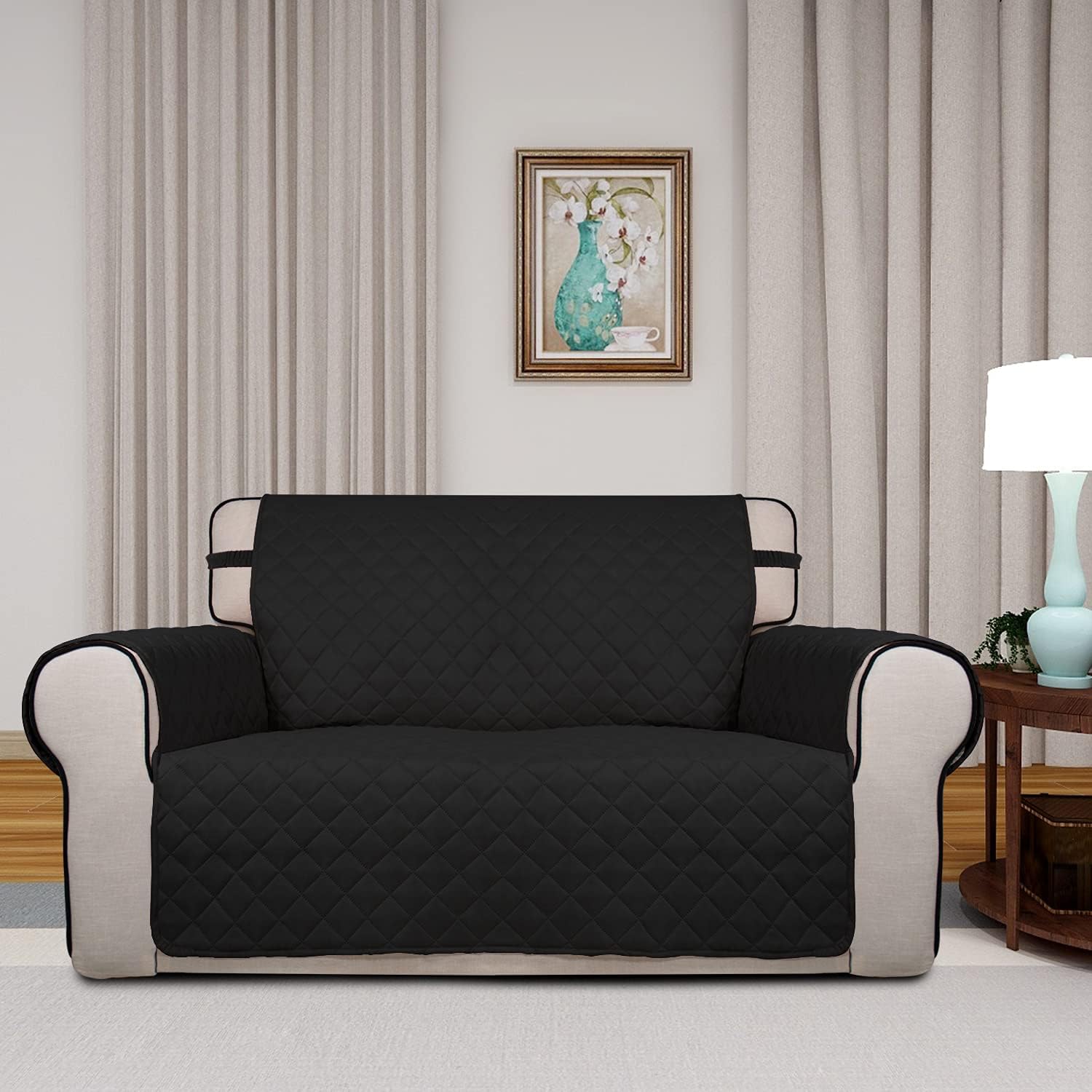 PureFit Reversible Quilted Sofa Cover, Water Resistant Slipcover Furniture Protector, Washable Couch Cover with Non Slip and Elastic Straps for Kids, Pets (Loveseat, Black/Black)