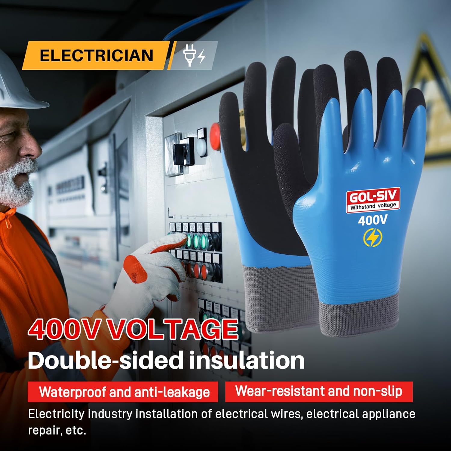 Double Insulated Electrical Gloves,400V Low Voltage Electrician Safety Gloves,Rubber Non Slip Work Gloves For Men (Blue,Large)