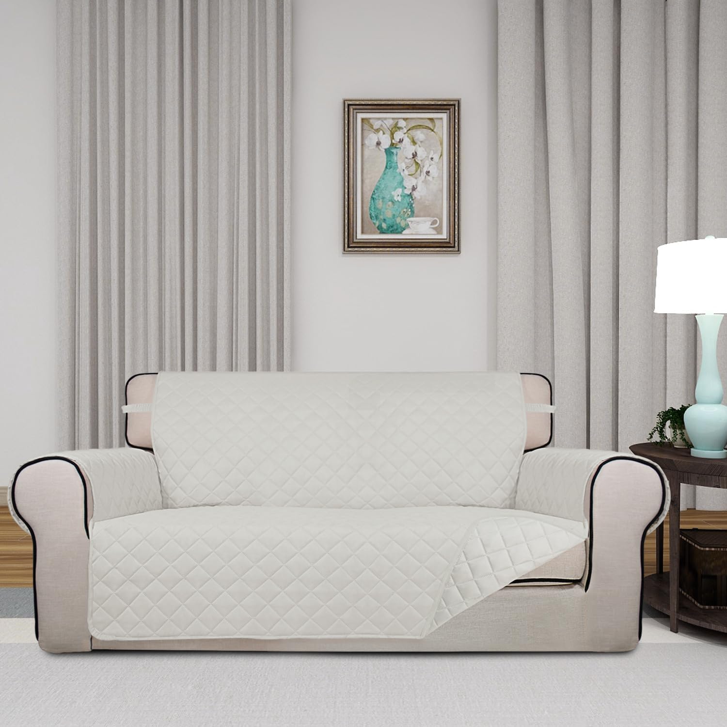 PureFit Reversible Quilted Sofa Cover, Water Resistant Slipcover Furniture Protector, Washable Couch Cover with Non Slip and Elastic Straps for Kids, Dogs, Pets (Oversized Loveseat, Ivory/Ivory)