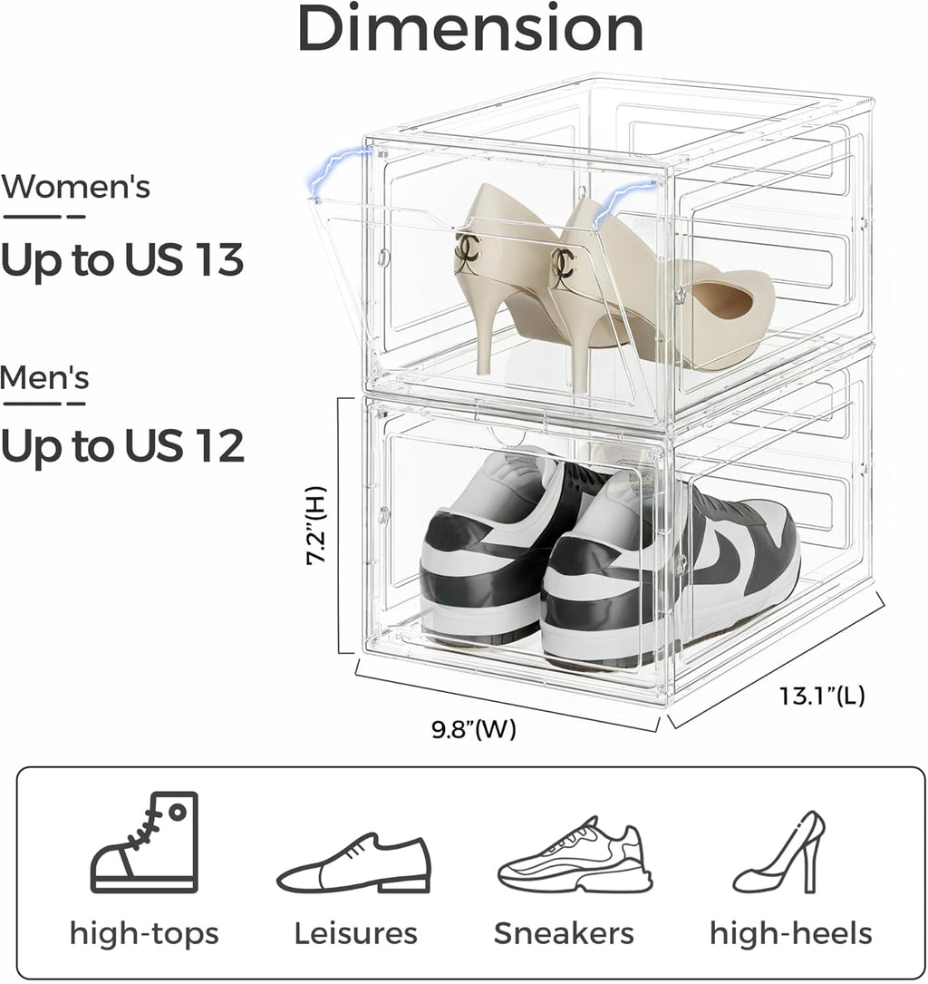 Pinkpum Upgraded Hard Shoe Storage Box 12 Pack X-Large Fit Size 12, Thicken & Sturdy Clear Plastic Stackable Shoe Organizer Box Closet, Sneaker Storage Display Case Holder Bins with Magnetic Door