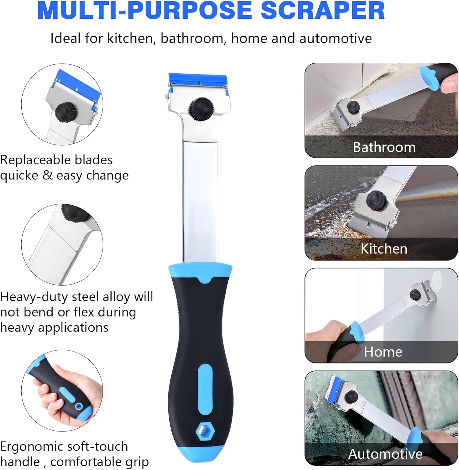 Razor Blade Scraper Tool with 10 Pcs Extra Replacement Metal and 10 Pcs Plastic Razor Blades, Long Handle Scraper Tool for Cleaning Cooktop, Paint, Tile, Window Glass Scraper