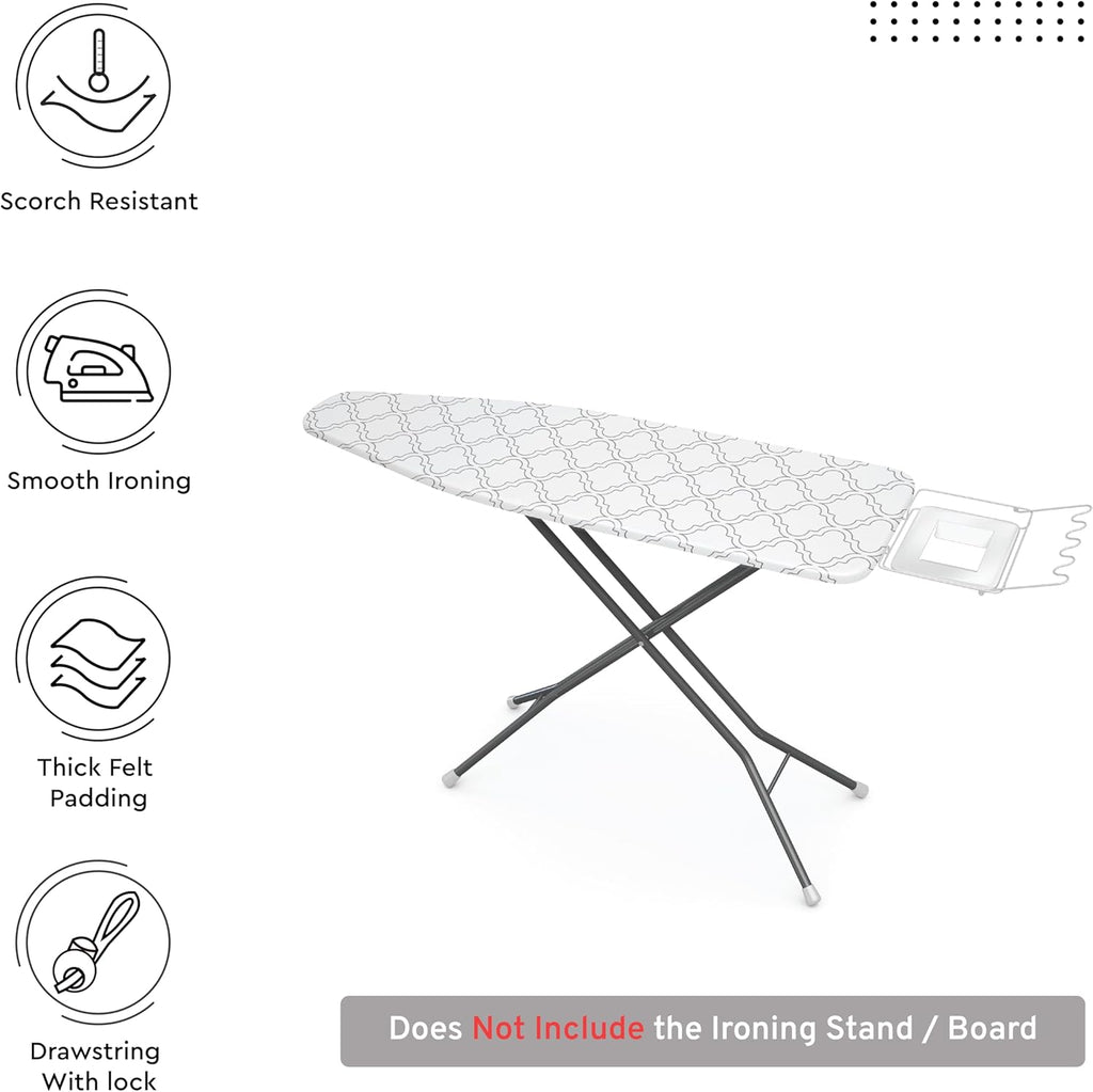 Encasa XO Ironing Board Cover and Pad 49"x18" - Thick 3mm Felt Padding, Drawstring Tightening & Lock, Easy Fit, Scorch & Stain Resistant, Fits Wide Ironing Board - White Tiles