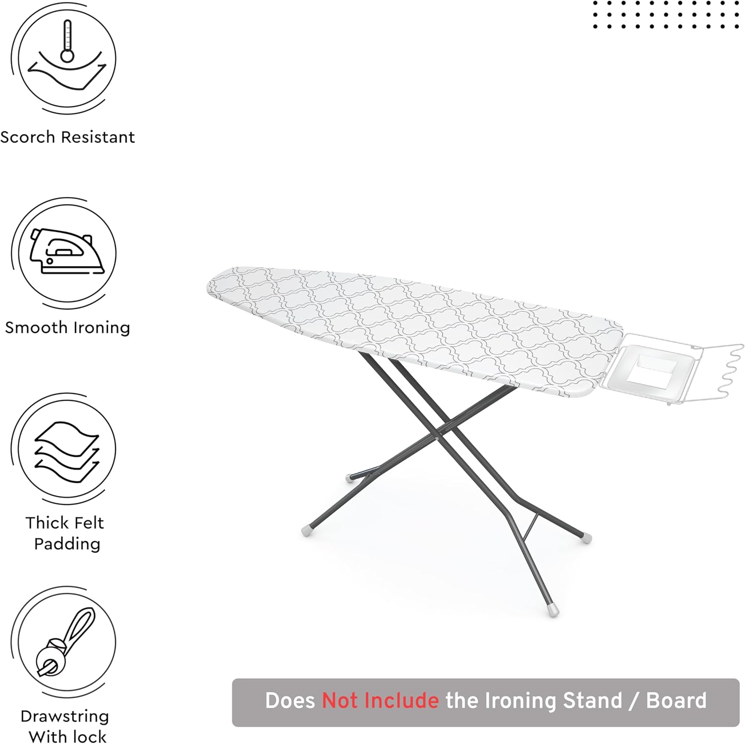 Encasa XO Ironing Board Cover and Pad 42"x14" - Thick 3mm Felt Padding, Drawstring Tightening & Lock, Easy Fit, Scorch & Stain Resistant, Fits Medium Ironing Board - White Tiles