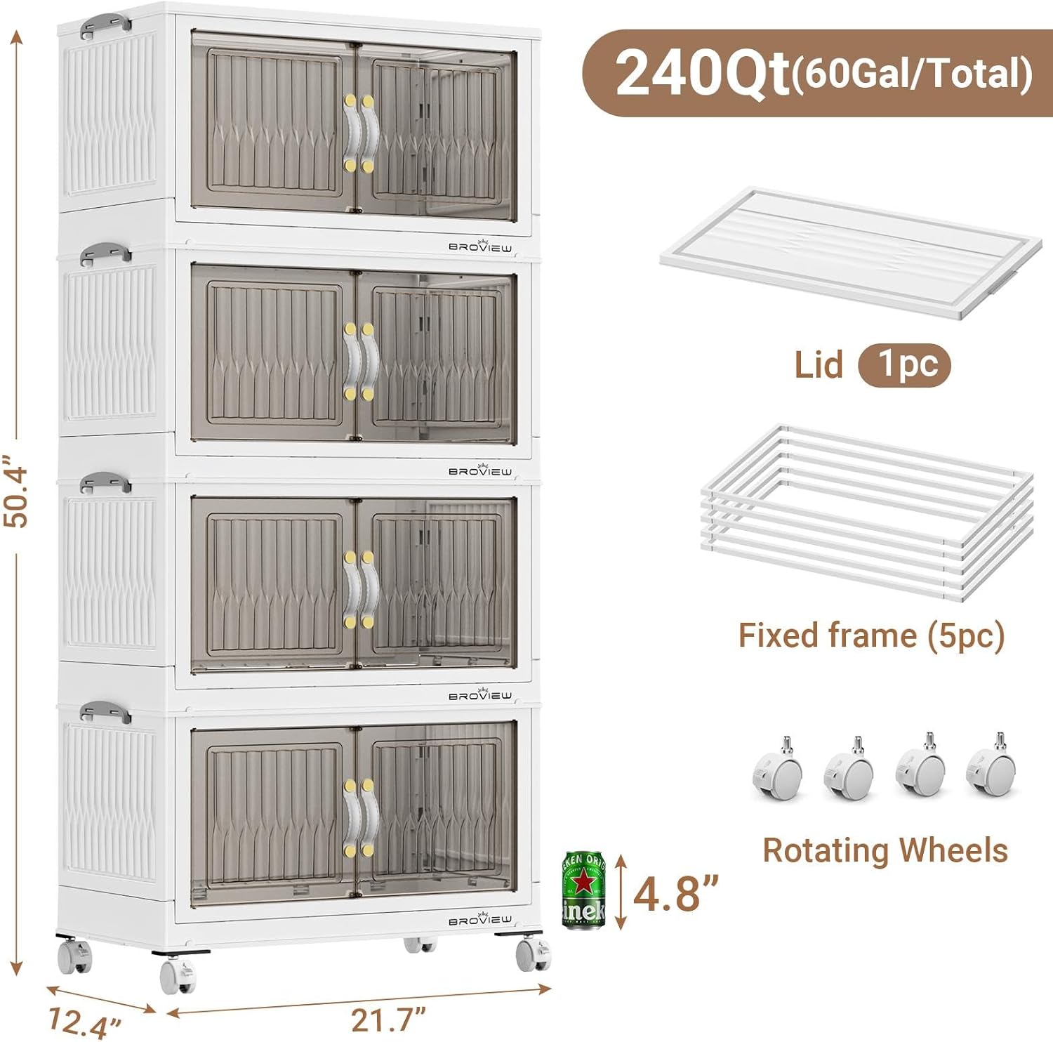 BROVIEW 240Qt Stackable Storage Bins with Lid, Extra Large Closet Organizer Collapsible Drawer Boxes with Wheels, Folding Plastic Cabinet Containers for Home Kitchen Room Organization, 4Pack White