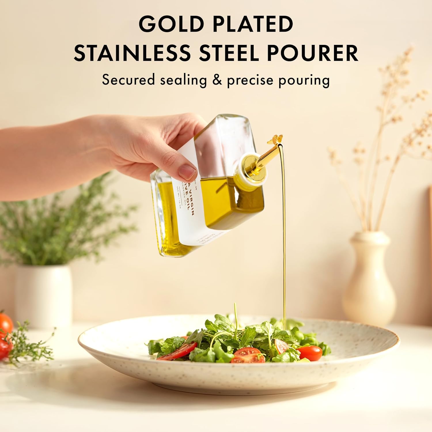 Glass Olive Oil Dispenser Bottle Set [2x12oz]: 36 Premium Gold Labels, Oil Dispenser for kitchen, Vinegar Bottle Set, Glass Dispensers for Soy Sauce, Syrup Bottles | Set of 2