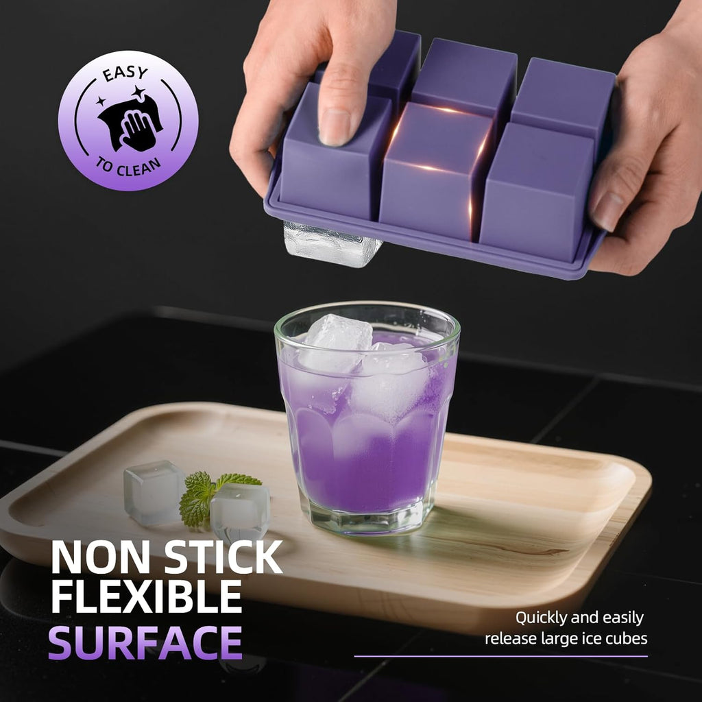 Large Ice Cube Trays for Whiskey (2 Pack) - Silicone Ice Cube Molds with Steel Frame Reinforcement & Lid, 2-Inch Square Ice Cubes for Whisky, Cocktails, Coffee, Tea - Easy Release